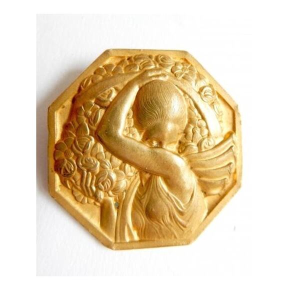 Pierre Turin Porteuse de Fleurs Gilded Bronze Art Deco Medallion Brooch - Picture 1 of 9